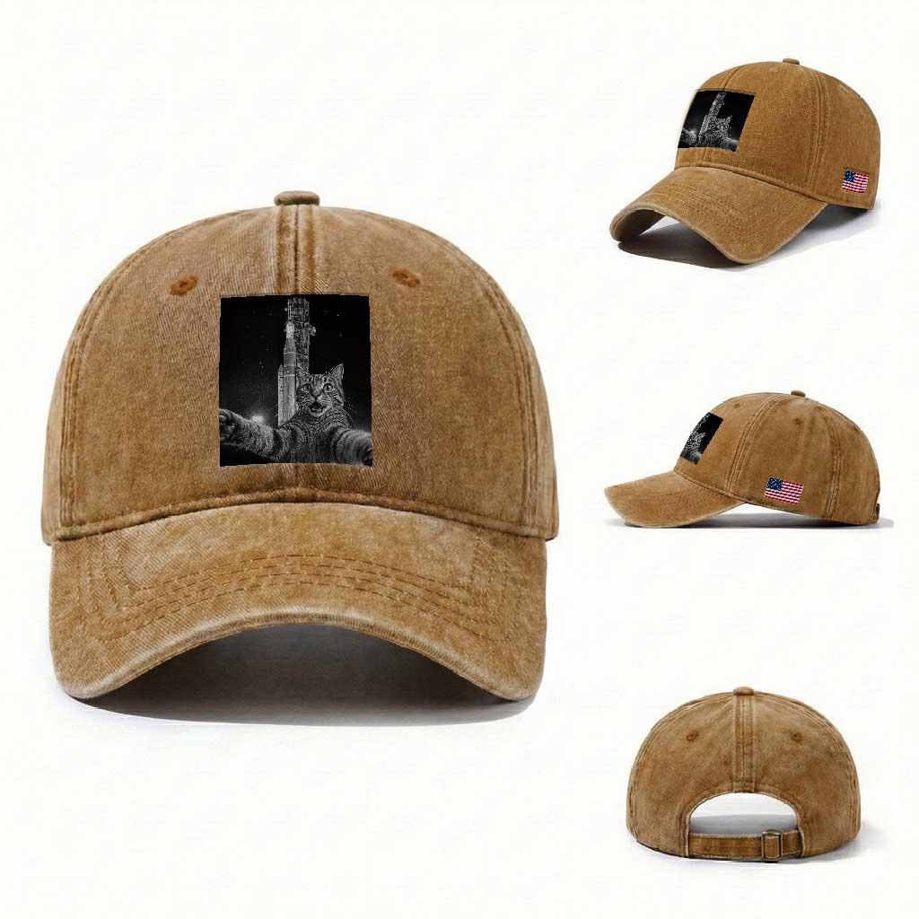 Funny Cat Selfie Lunar Mission 2026 Washed Cotton Baseball Cap TS14 Washed Cap Universal Fit Yellow Ochre Print Your Wear