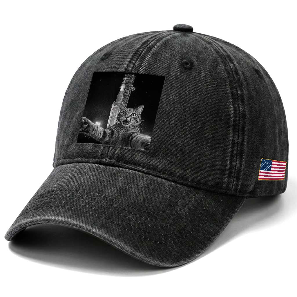 Funny Cat Selfie Lunar Mission 2026 Washed Cotton Baseball Cap TS14 Print Your Wear