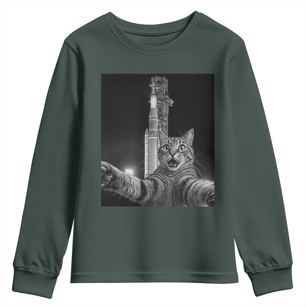 Funny Cat Selfie Lunar Mission 2026 Youth Sweatshirt TS14 Dark Forest Green Print Your Wear