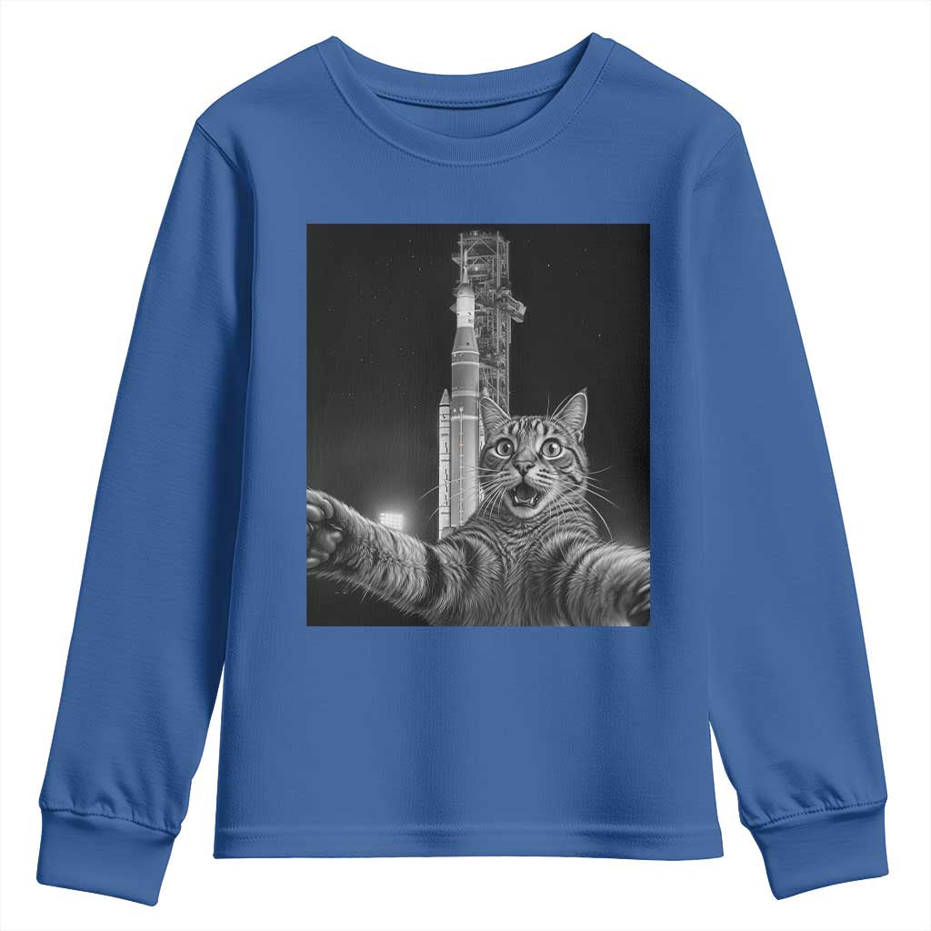 Funny Cat Selfie Lunar Mission 2026 Youth Sweatshirt TS14 Royal Blue Print Your Wear