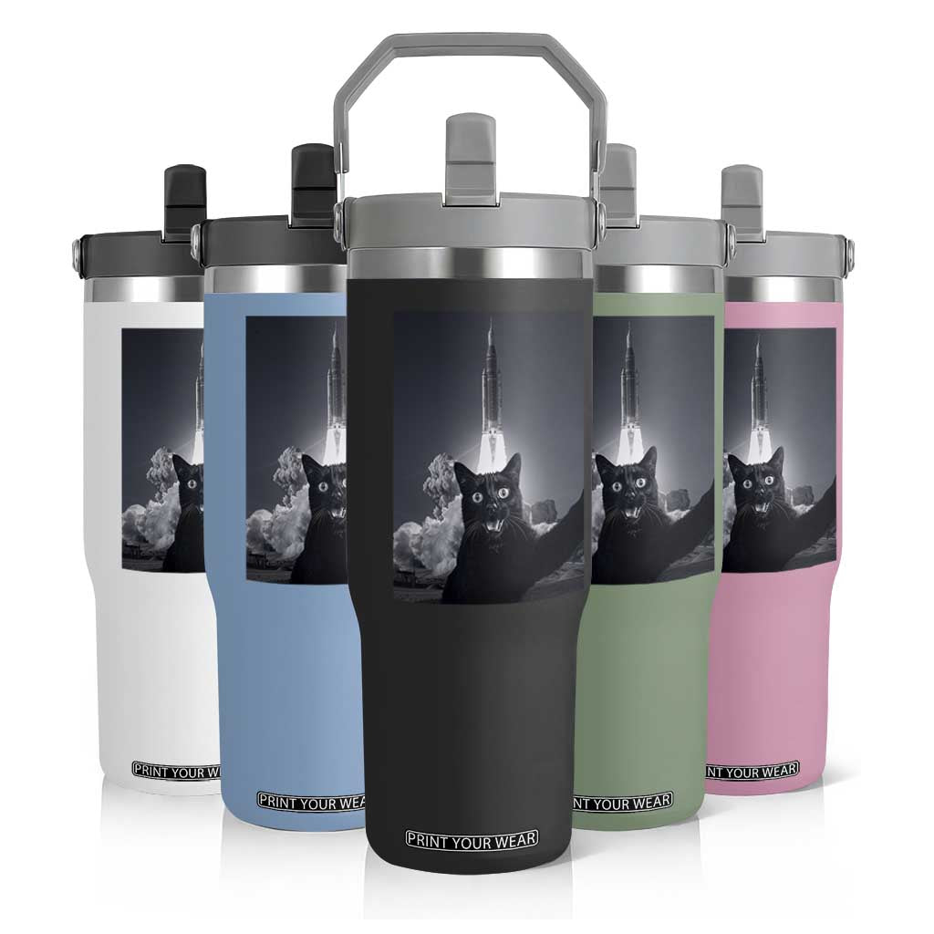 Funny Black Cat Selfie Flip Straw Tumbler Back To The Moon Mission 2026 TS14 Print Your Wear