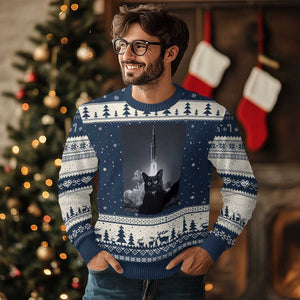 Funny Black Cat Selfie Ugly Christmas Sweater Back To The Moon Mission 2026 TS14 Navy Beige Print Your Wear