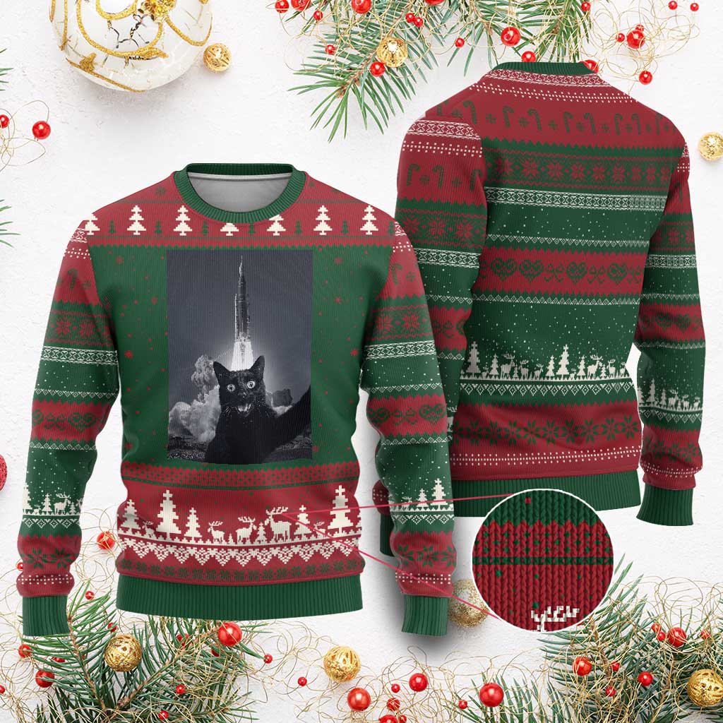 Funny Black Cat Selfie Ugly Christmas Sweater Back To The Moon Mission 2026 TS14 Red Green Print Your Wear