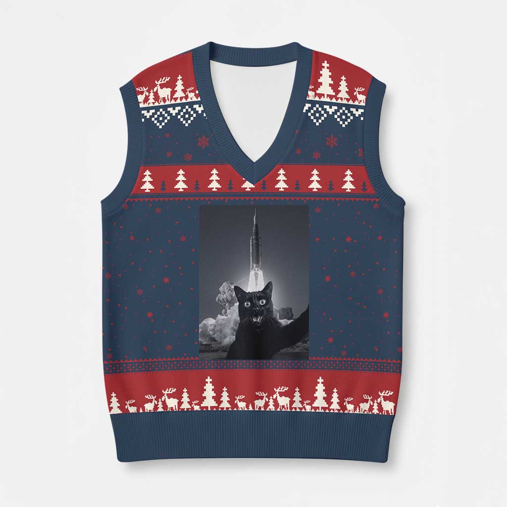 Funny Black Cat Selfie V-Neck Knit Sweater Vest Back To The Moon Mission 2026 TS14 Navy Red Print Your Wear