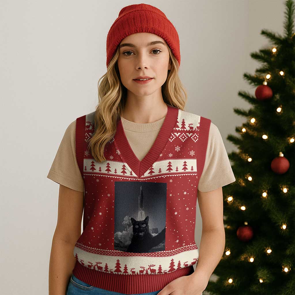 Funny Black Cat Selfie V-Neck Knit Sweater Vest Back To The Moon Mission 2026 TS14 Red Beige Print Your Wear