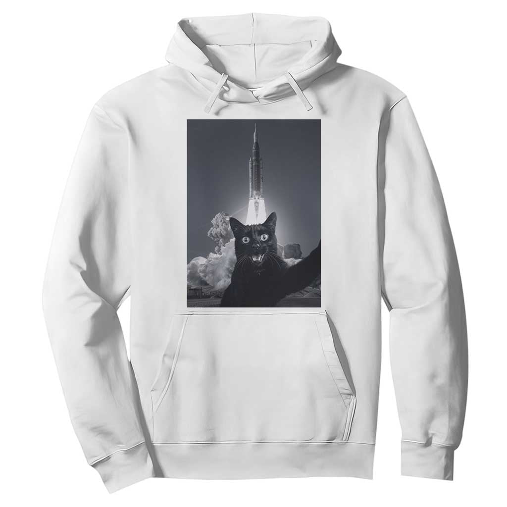Funny Black Cat Selfie Hoodie Back To The Moon Mission 2026 TS14 White Print Your Wear