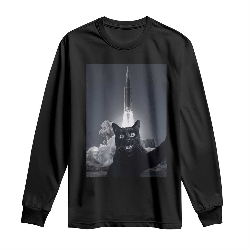 Funny Black Cat Selfie Long Sleeve Shirt Back To The Moon Mission 2026 TS14 Black Print Your Wear