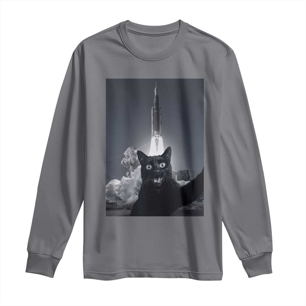 Funny Black Cat Selfie Long Sleeve Shirt Back To The Moon Mission 2026 TS14 Charcoal Print Your Wear
