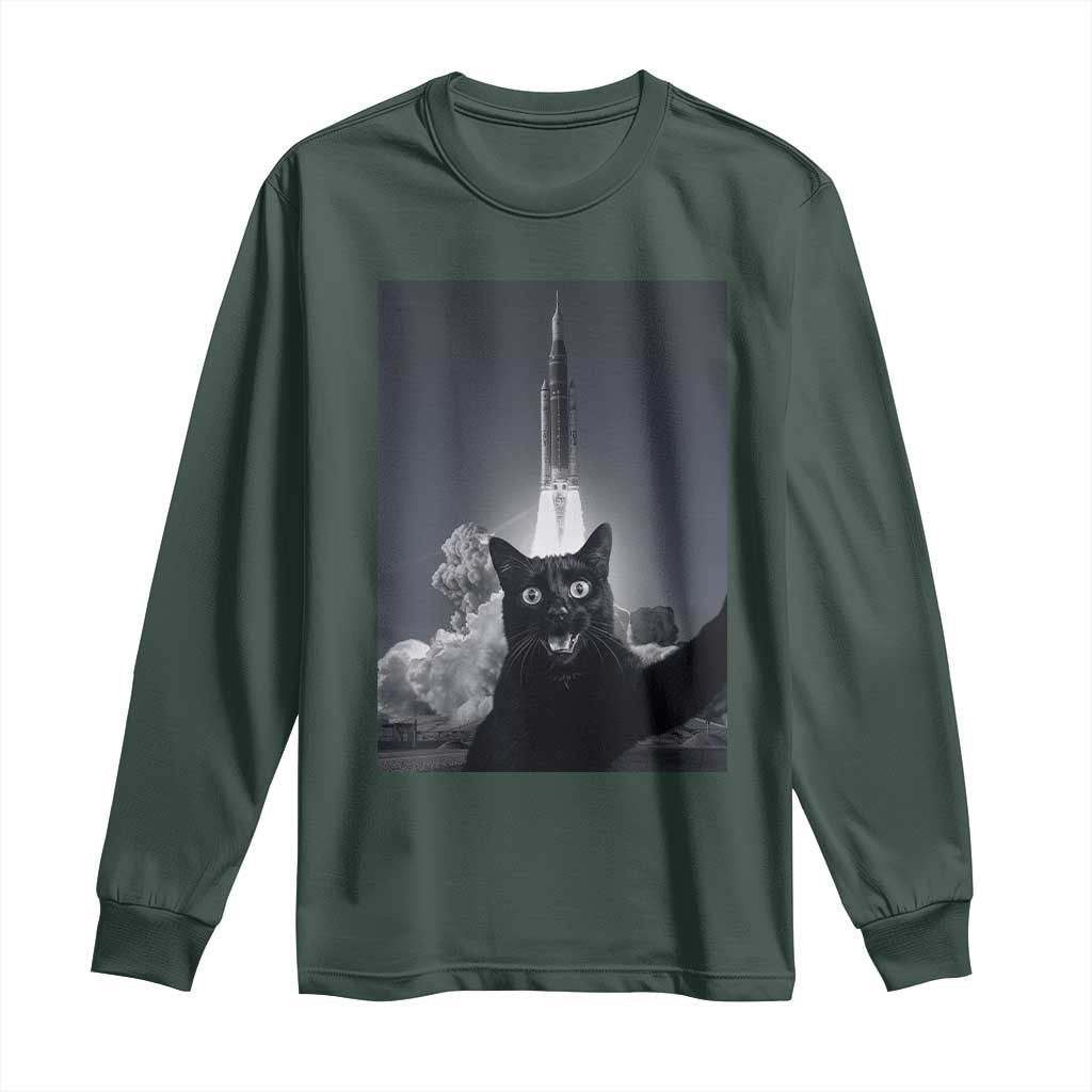 Funny Black Cat Selfie Long Sleeve Shirt Back To The Moon Mission 2026 TS14 Dark Forest Green Print Your Wear