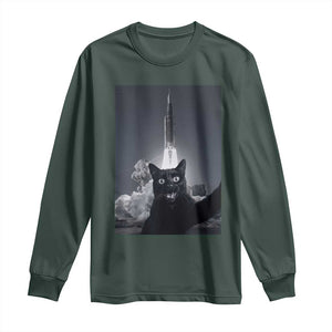 Funny Black Cat Selfie Long Sleeve Shirt Back To The Moon Mission 2026 TS14 Dark Forest Green Print Your Wear
