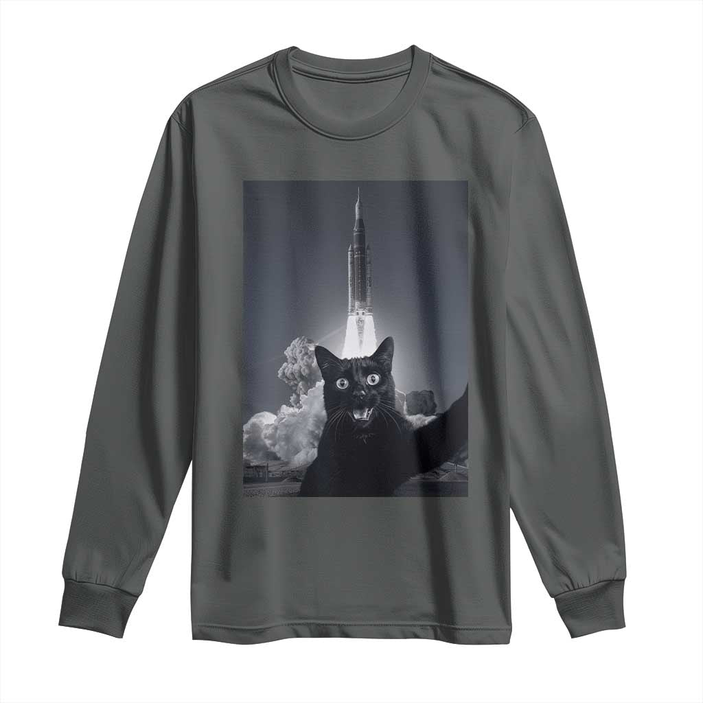 Funny Black Cat Selfie Long Sleeve Shirt Back To The Moon Mission 2026 TS14 Dark Heather Print Your Wear