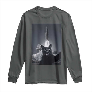 Funny Black Cat Selfie Long Sleeve Shirt Back To The Moon Mission 2026 TS14 Dark Heather Print Your Wear