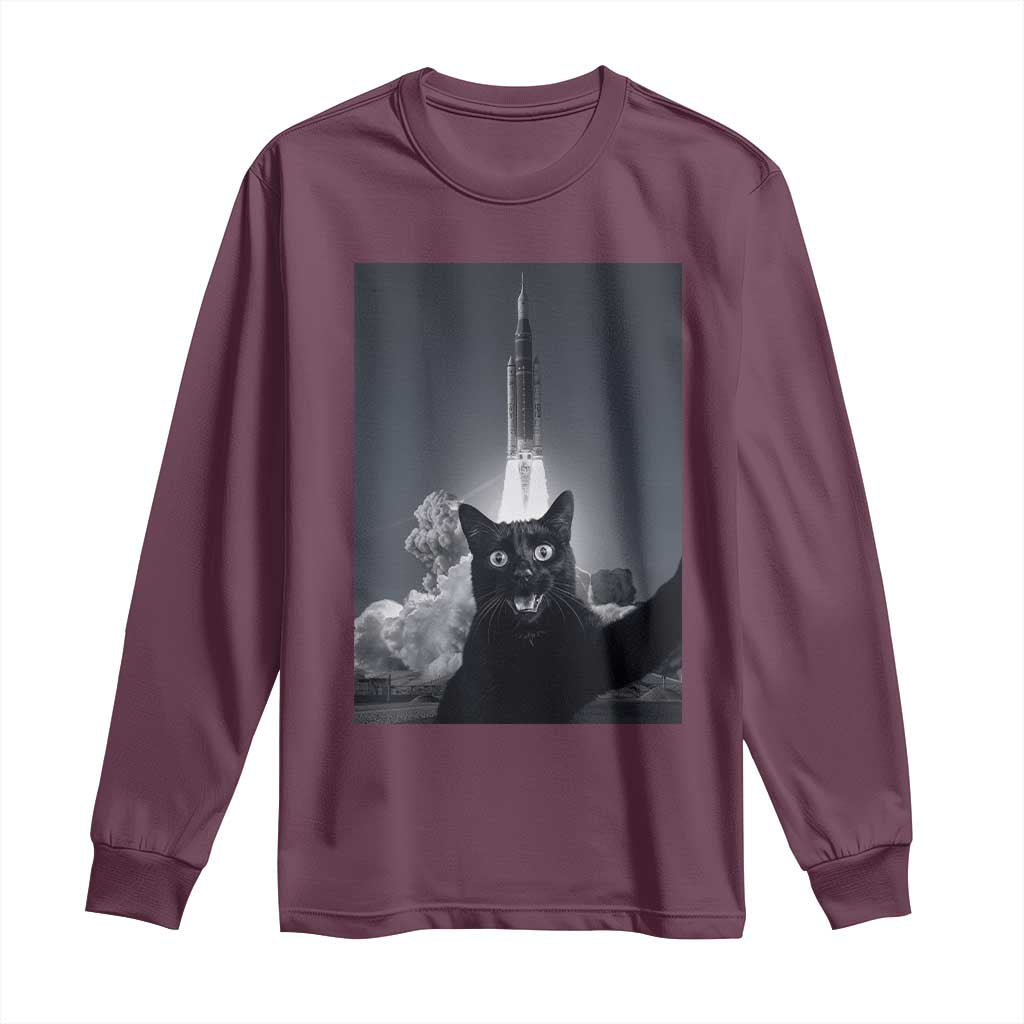 Funny Black Cat Selfie Long Sleeve Shirt Back To The Moon Mission 2026 TS14 Maroon Print Your Wear