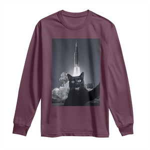 Funny Black Cat Selfie Long Sleeve Shirt Back To The Moon Mission 2026 TS14 Maroon Print Your Wear