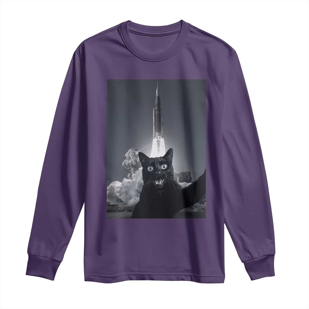 Funny Black Cat Selfie Long Sleeve Shirt Back To The Moon Mission 2026 TS14 Purple Print Your Wear