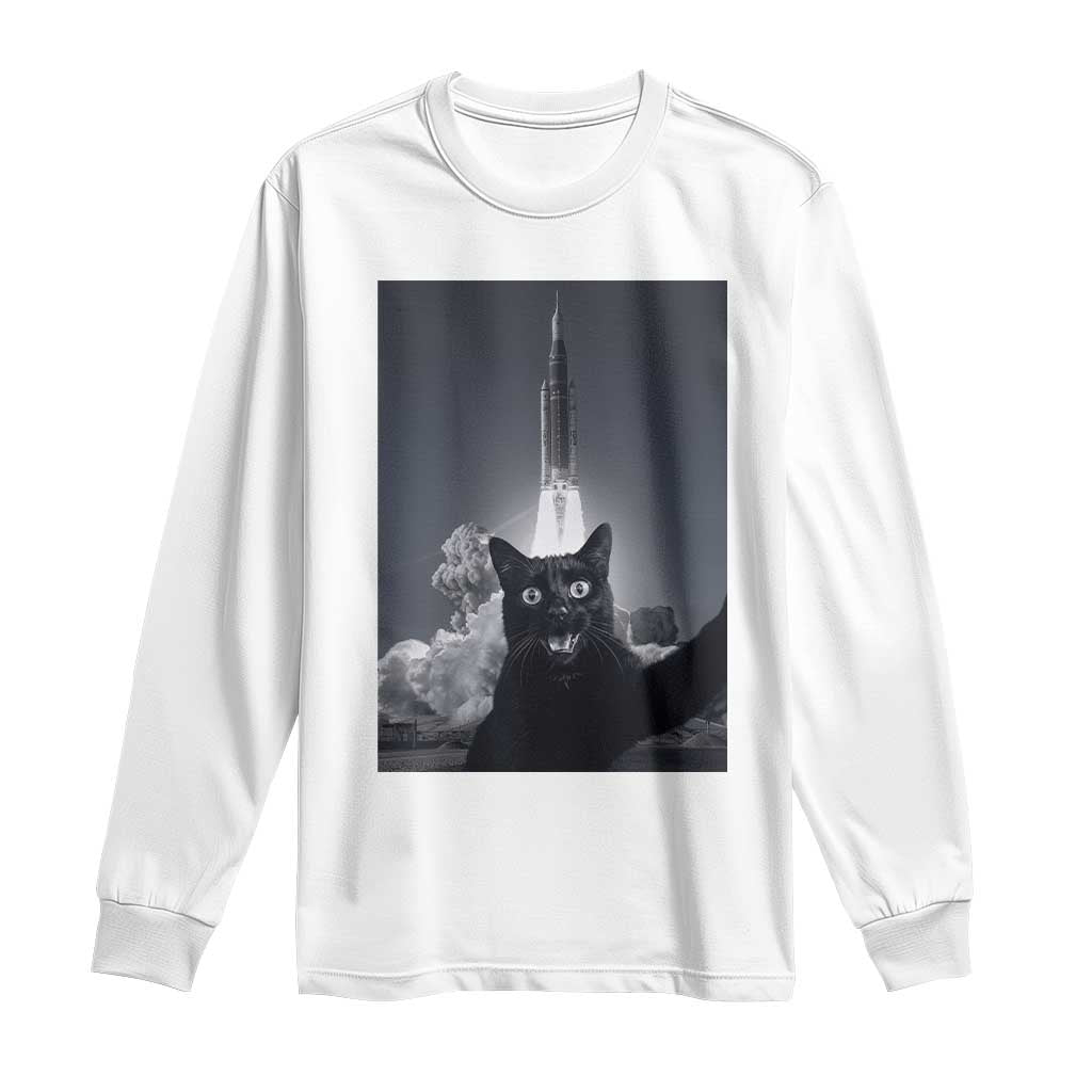 Funny Black Cat Selfie Long Sleeve Shirt Back To The Moon Mission 2026 TS14 White Print Your Wear