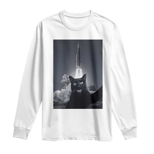 Funny Black Cat Selfie Long Sleeve Shirt Back To The Moon Mission 2026 TS14 White Print Your Wear