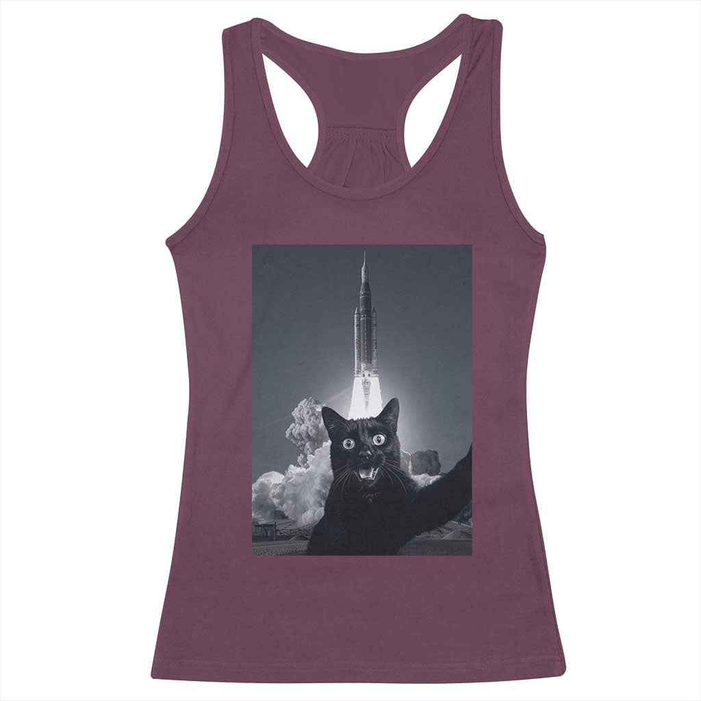 Funny Black Cat Selfie Racerback Tank Top Back To The Moon Mission 2026 TS14 Maroon Print Your Wear