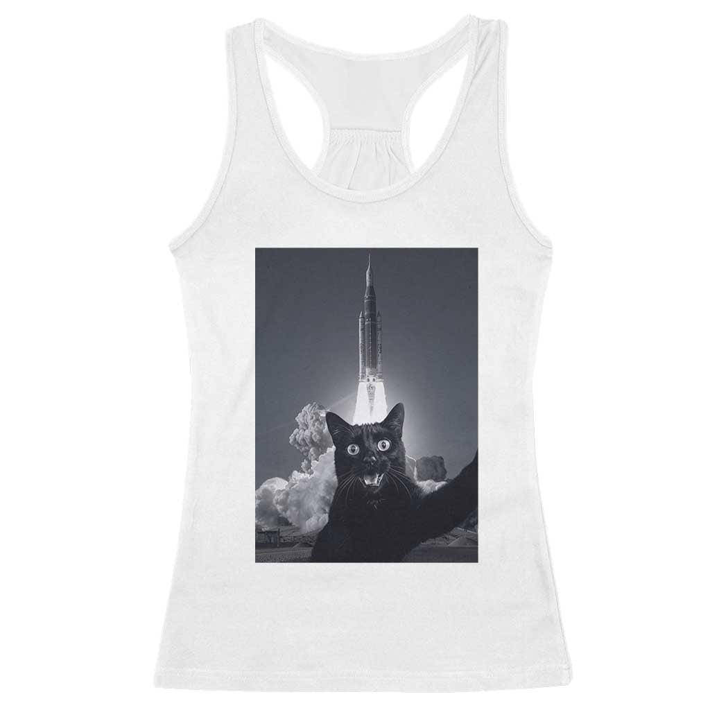 Funny Black Cat Selfie Racerback Tank Top Back To The Moon Mission 2026 TS14 White Print Your Wear