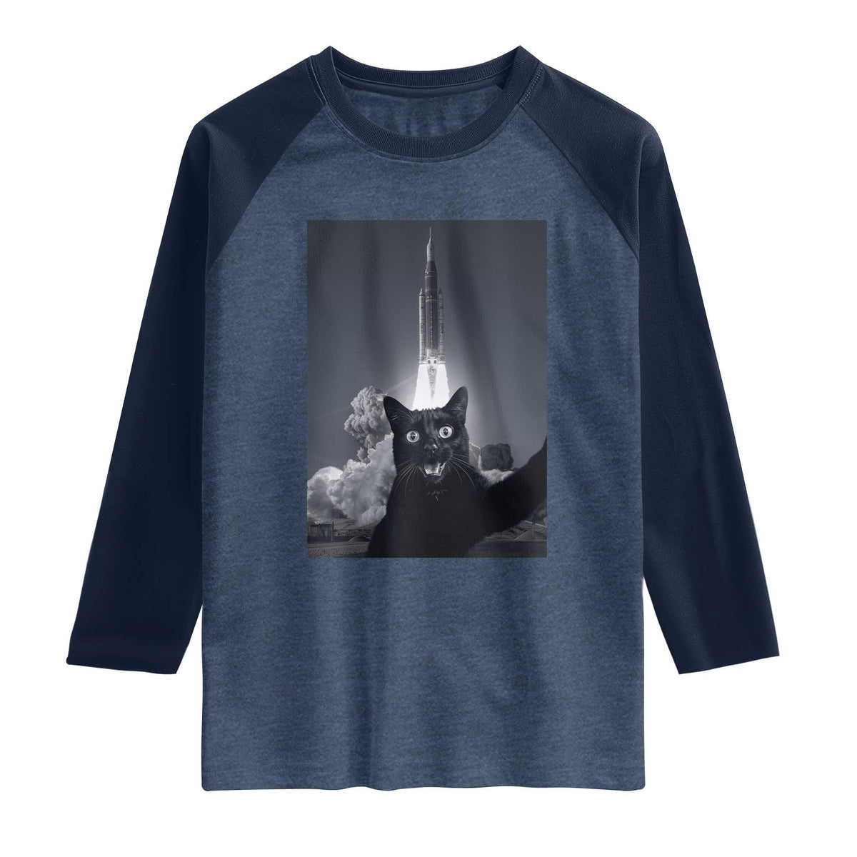 Funny Black Cat Selfie Raglan Shirt Back To The Moon Mission 2026 TS14 Heather Denim Navy Print Your Wear