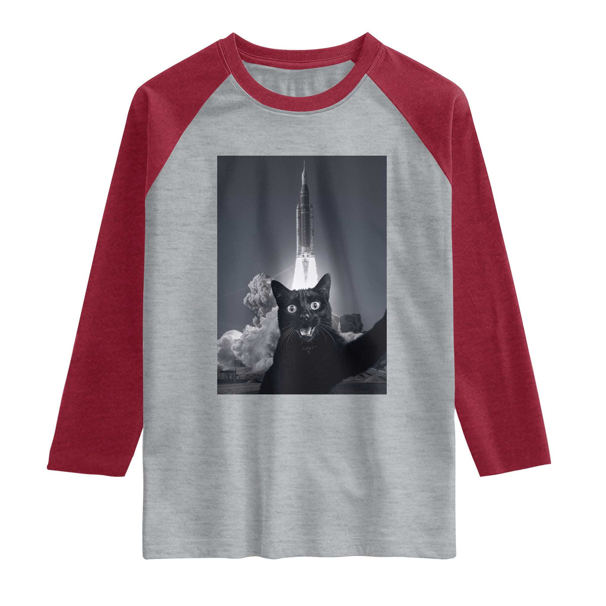 Funny Black Cat Selfie Raglan Shirt Back To The Moon Mission 2026 TS14 Heather Gray Heather Red Print Your Wear