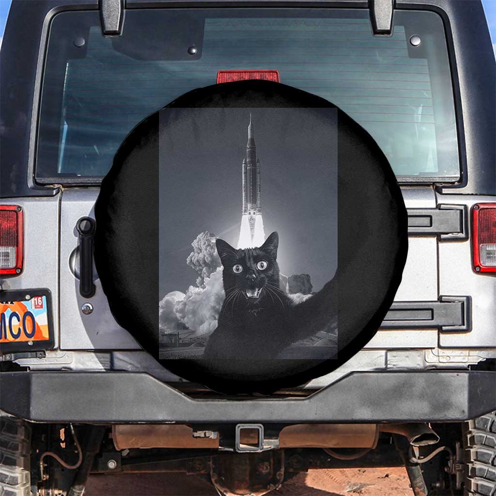 Funny Black Cat Selfie Spare Tire Cover Back To The Moon Mission 2026 TS14 No hole Black Print Your Wear