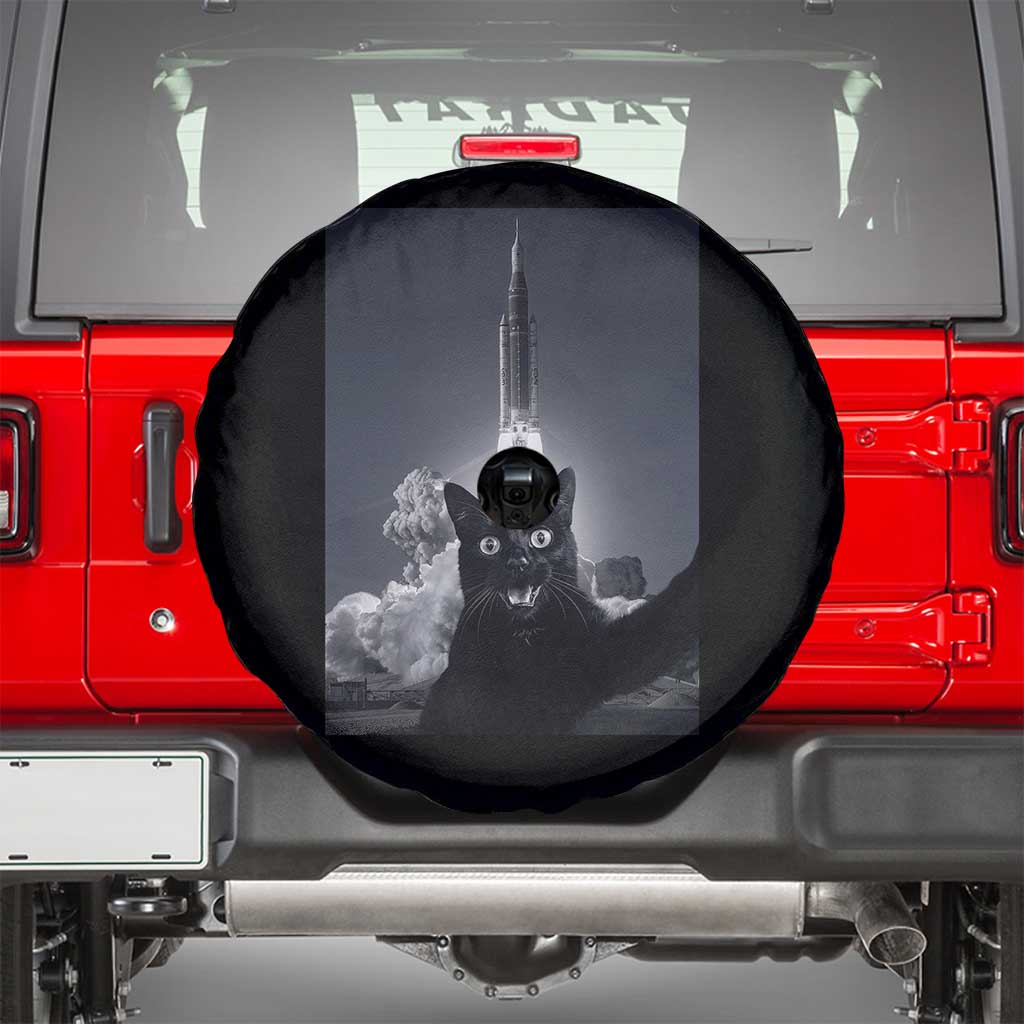 Funny Black Cat Selfie Spare Tire Cover Back To The Moon Mission 2026 TS14 Black Print Your Wear
