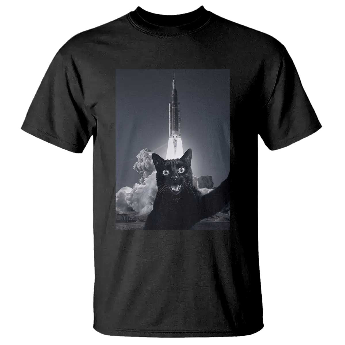 Funny Black Cat Selfie T Shirt Back To The Moon Mission 2026 TS14 Black Print Your Wear