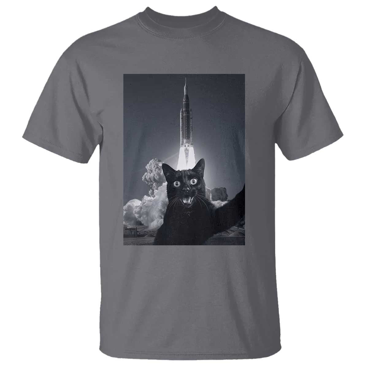 Funny Black Cat Selfie T Shirt Back To The Moon Mission 2026 TS14 Charcoal Print Your Wear