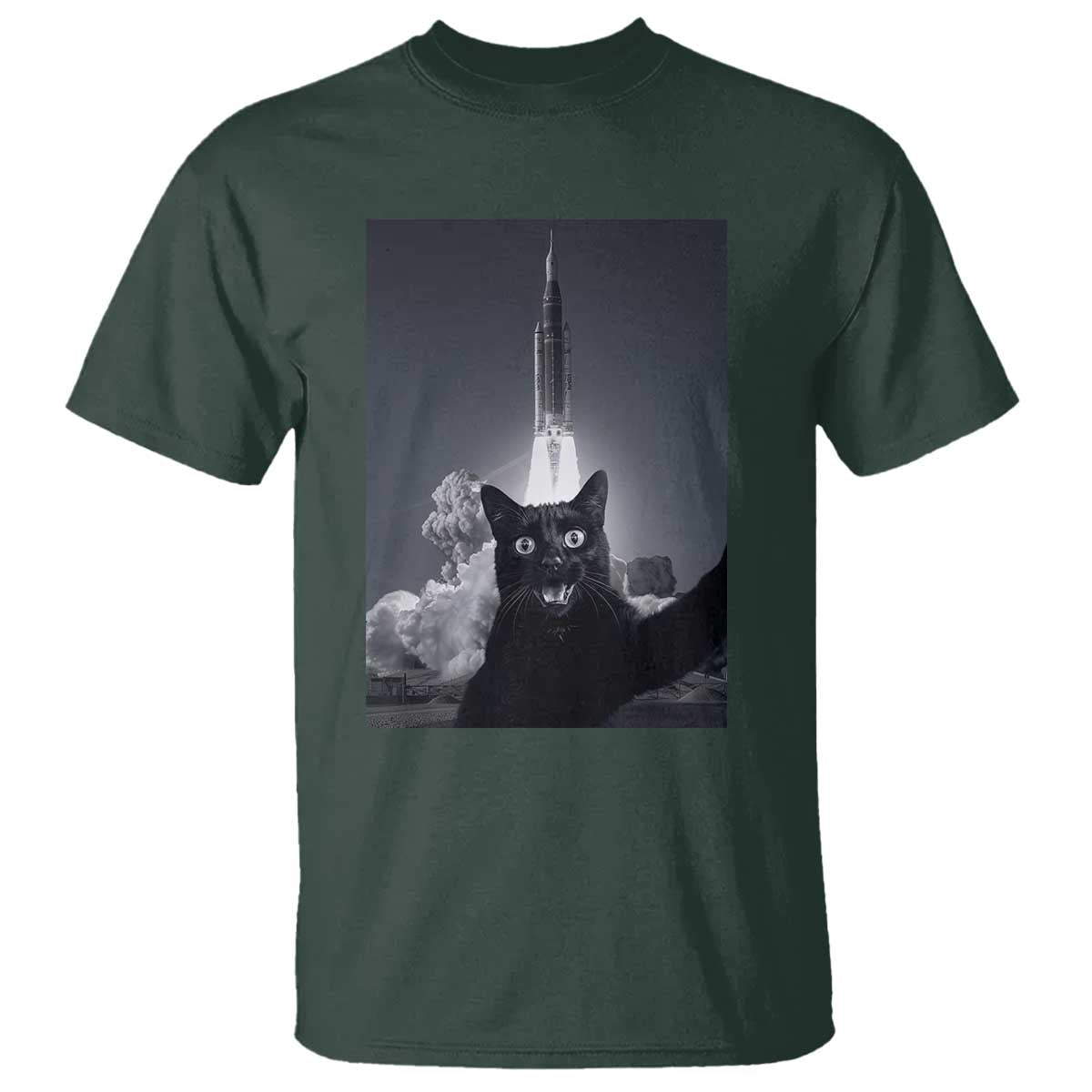 Funny Black Cat Selfie T Shirt Back To The Moon Mission 2026 TS14 Dark Forest Green Print Your Wear