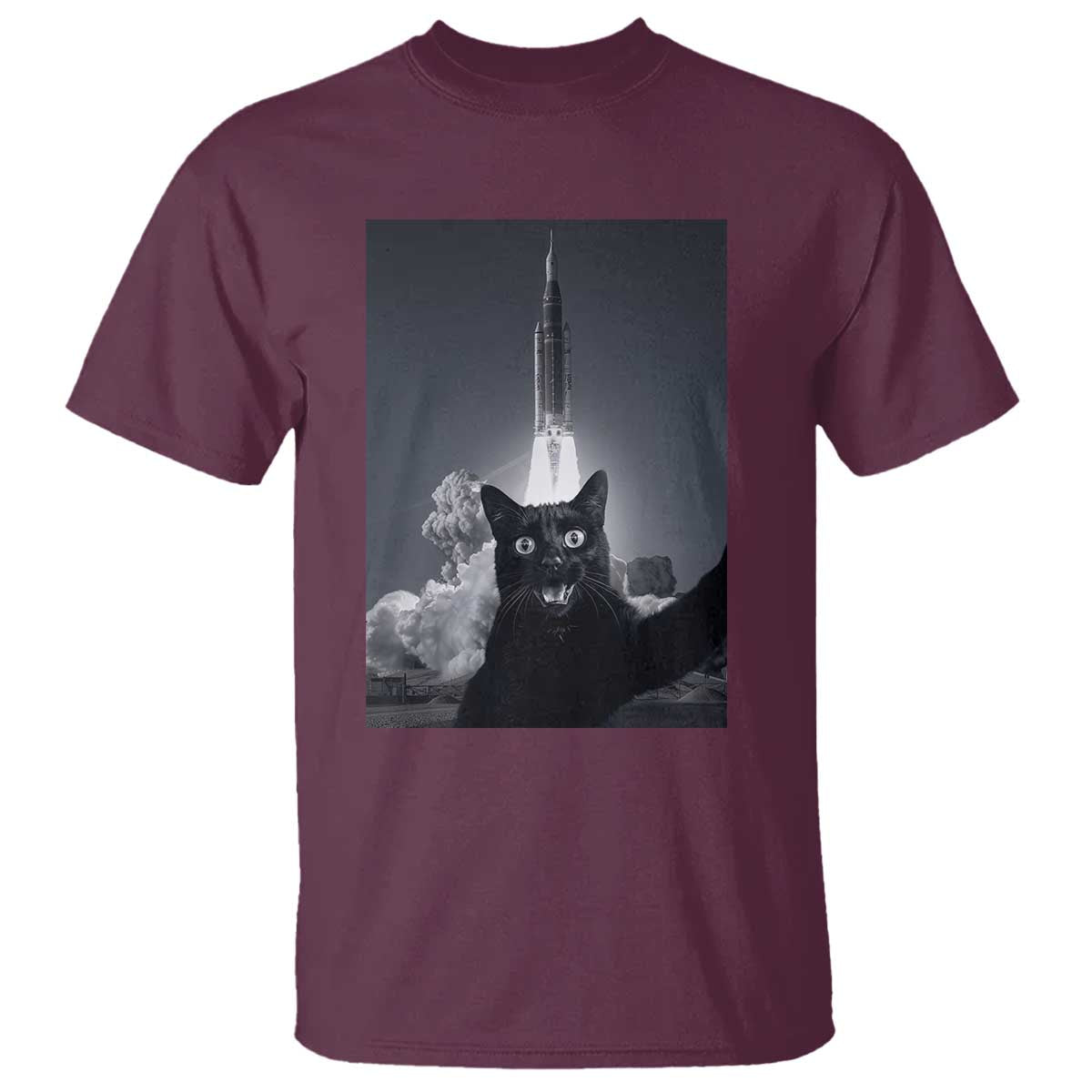 Funny Black Cat Selfie T Shirt Back To The Moon Mission 2026 TS14 Maroon Print Your Wear