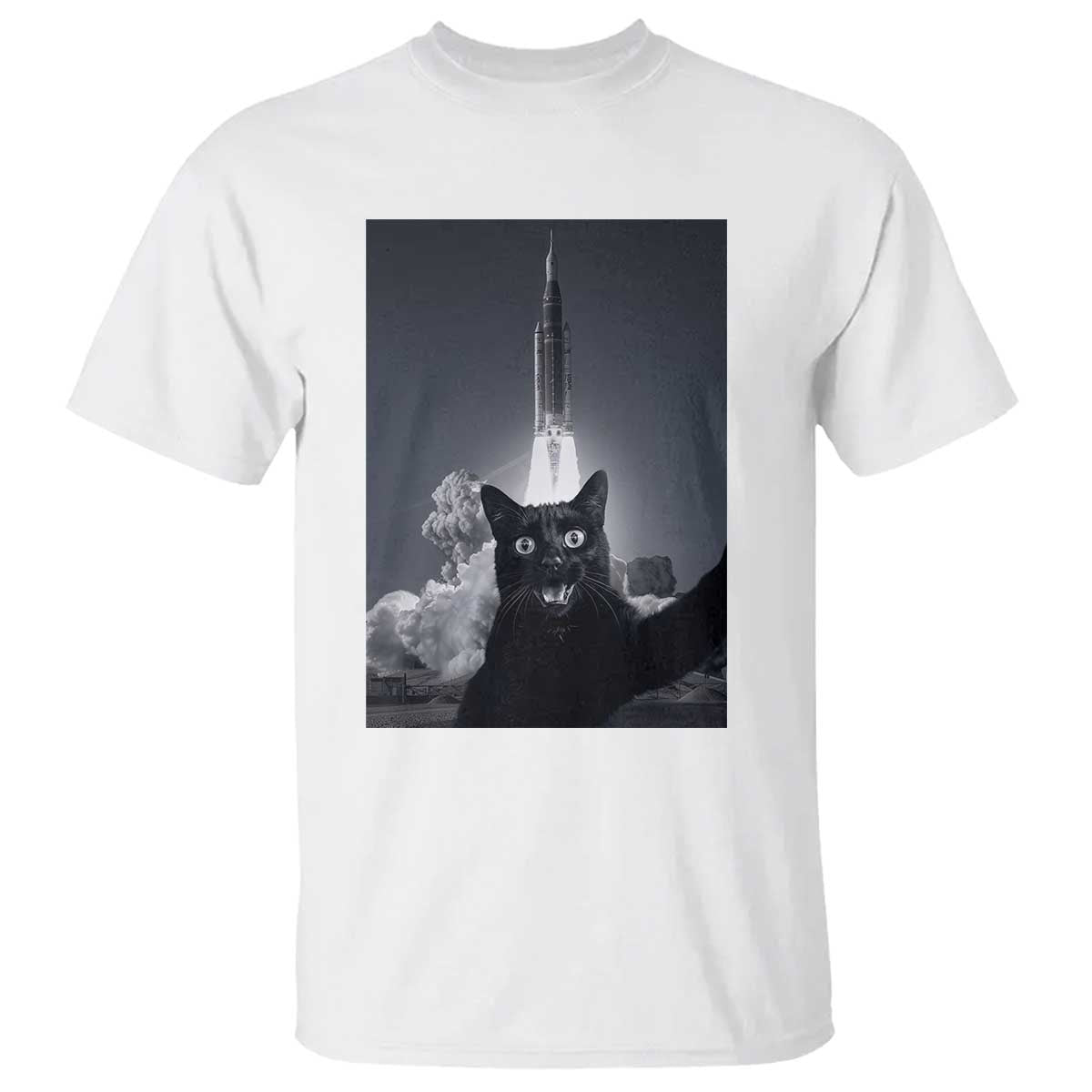 Funny Black Cat Selfie T Shirt Back To The Moon Mission 2026 TS14 White Print Your Wear