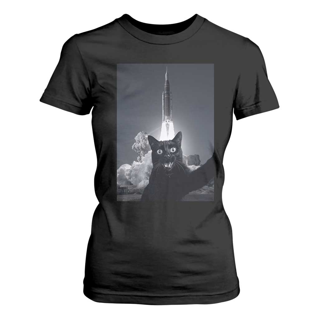 Funny Black Cat Selfie T Shirt For Women Back To The Moon Mission 2026 TS14 Black Print Your Wear