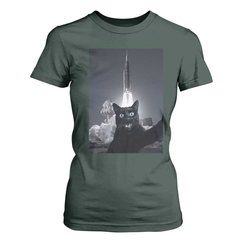 Funny Black Cat Selfie T Shirt For Women Back To The Moon Mission 2026 TS14 Dark Forest Green Print Your Wear