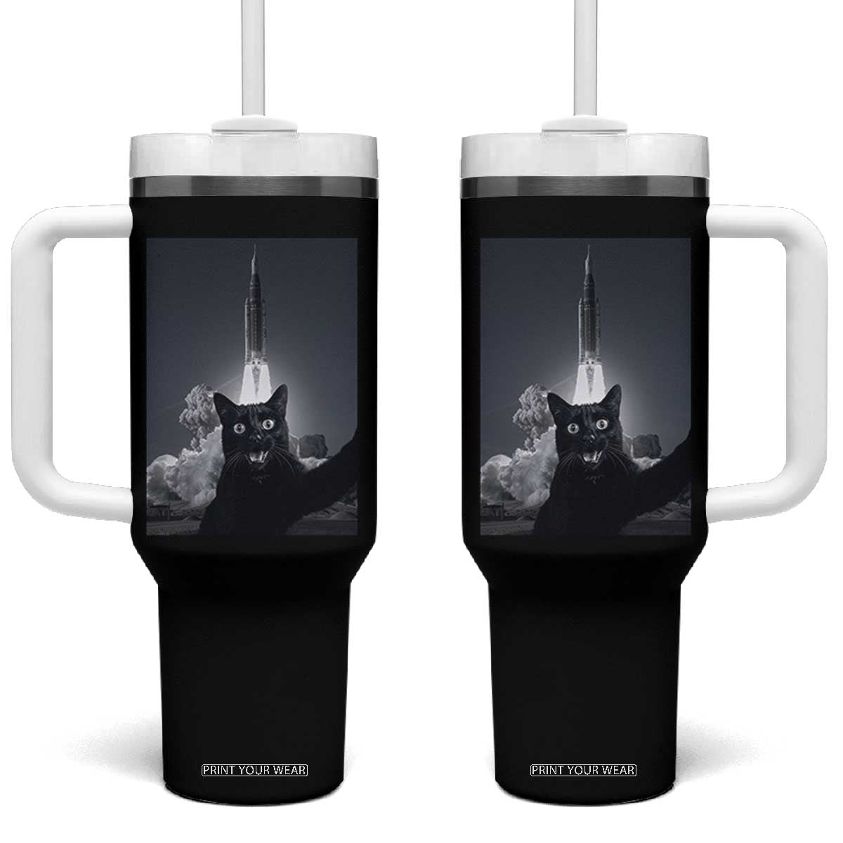 Funny Black Cat Selfie Tumbler With Handle Back To The Moon Mission 2026 TS14 One Size: 40 oz Black Print Your Wear