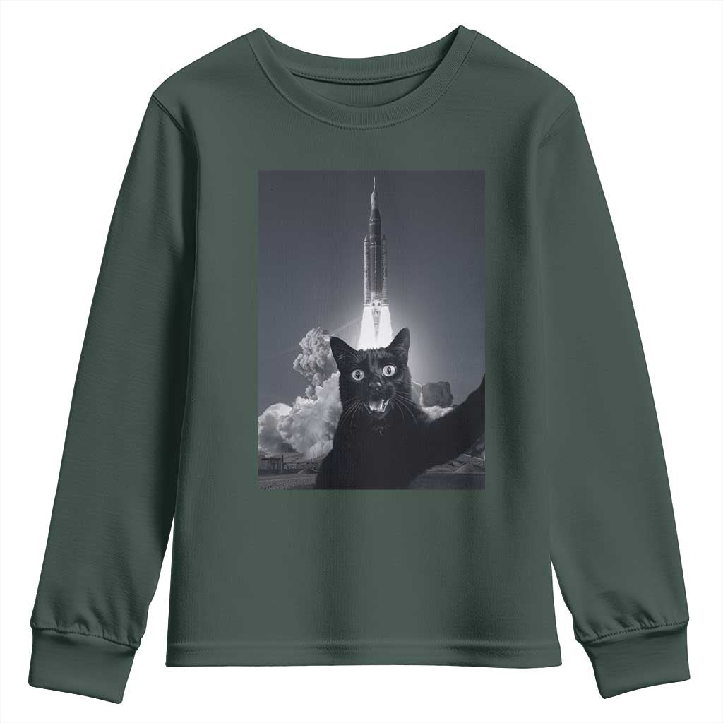 Funny Black Cat Selfie Youth Sweatshirt Back To The Moon Mission 2026 TS14 Dark Forest Green Print Your Wear