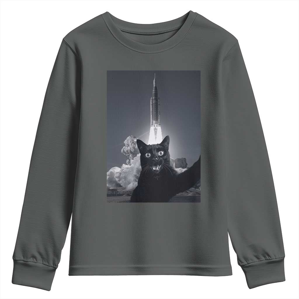 Funny Black Cat Selfie Youth Sweatshirt Back To The Moon Mission 2026 TS14 Dark Heather Print Your Wear