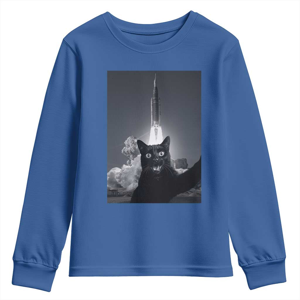 Funny Black Cat Selfie Youth Sweatshirt Back To The Moon Mission 2026 TS14 Royal Blue Print Your Wear