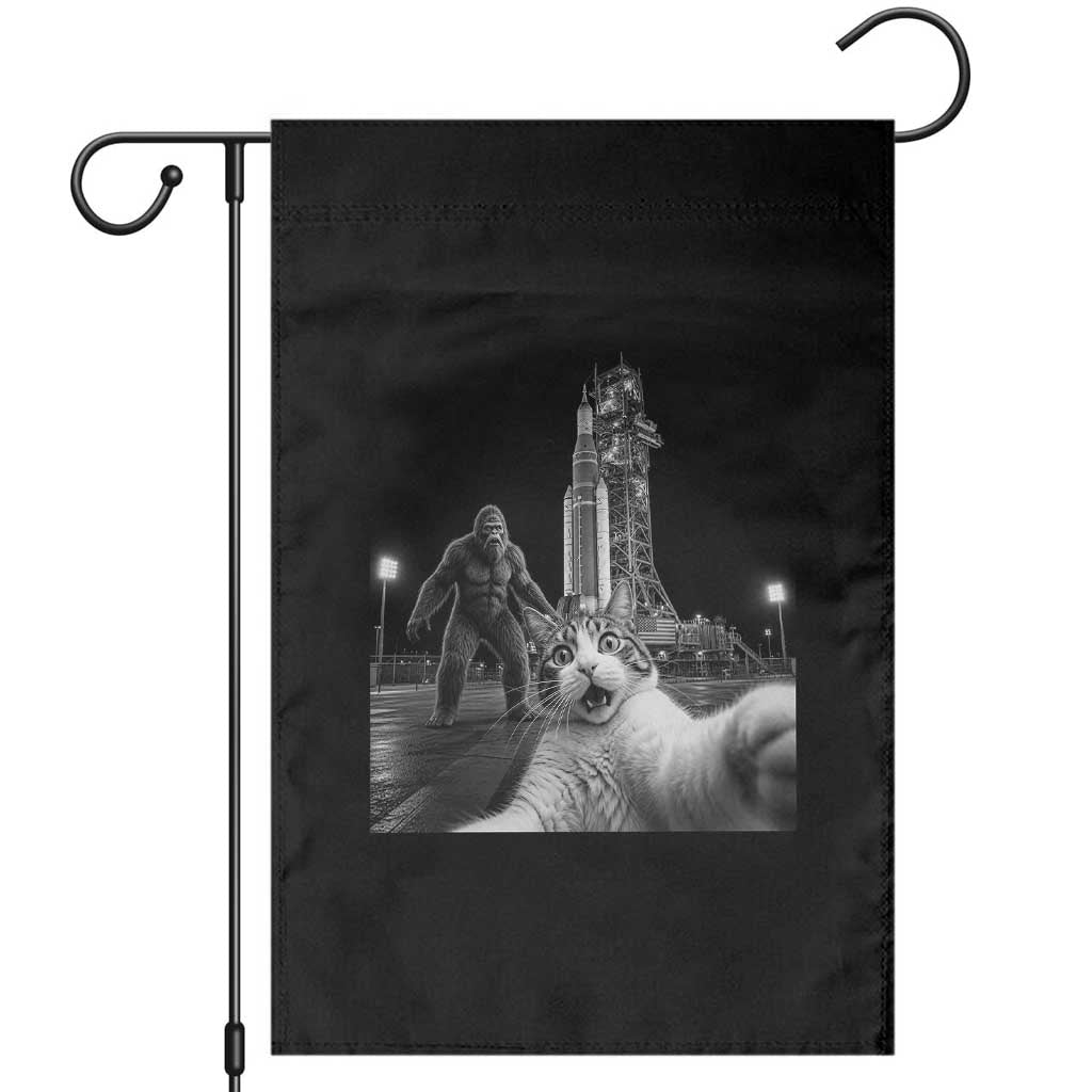Funny Cat Selfie with Bigfoot Garden Flag Back To The Moon Mission 2026 TS14 Black Print Your Wear