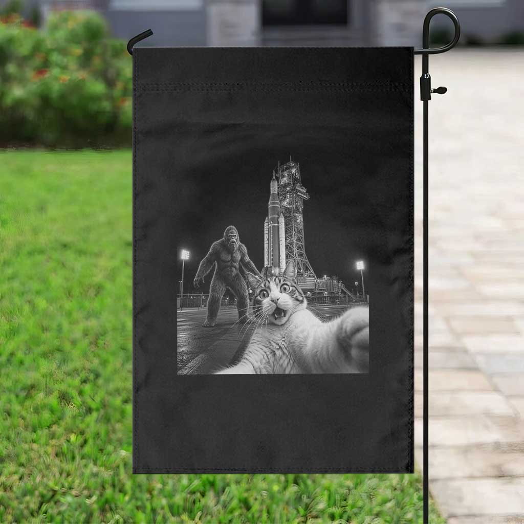 Funny Cat Selfie with Bigfoot Garden Flag Back To The Moon Mission 2026 TS14 Print Your Wear
