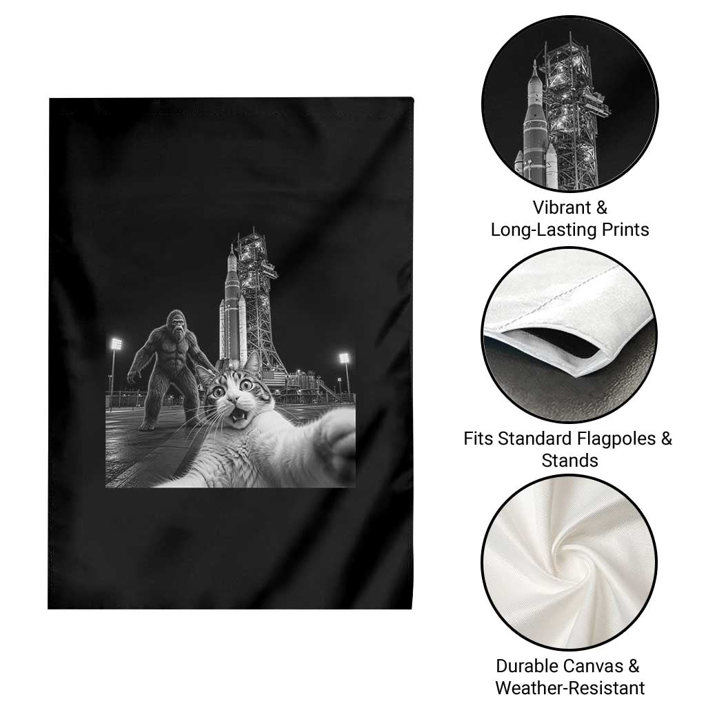Funny Cat Selfie with Bigfoot Garden Flag Back To The Moon Mission 2026 TS14 Print Your Wear