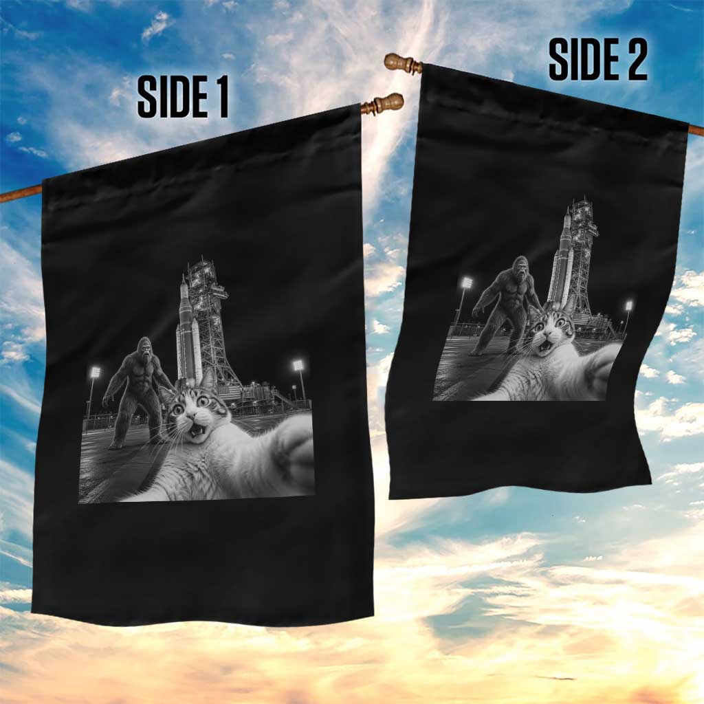 Funny Cat Selfie with Bigfoot Garden Flag Back To The Moon Mission 2026 TS14 Print Your Wear