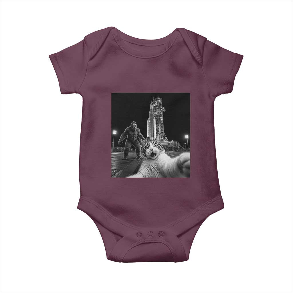 Funny Cat Selfie with Bigfoot Baby Onesie Back To The Moon Mission 2026 TS14 Maroon Print Your Wear