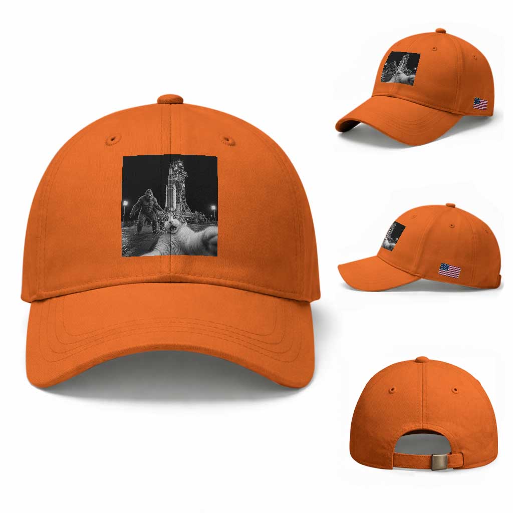Funny Cat Selfie with Bigfoot Baseball Cap Back To The Moon Mission 2026 TS14 Baseball Cap Universal Fit Orange Print Your Wear