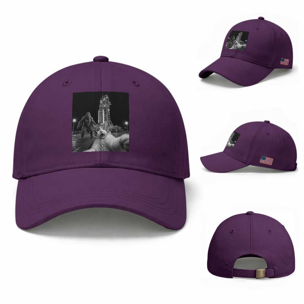Funny Cat Selfie with Bigfoot Baseball Cap Back To The Moon Mission 2026 TS14 Baseball Cap Universal Fit Purple Print Your Wear