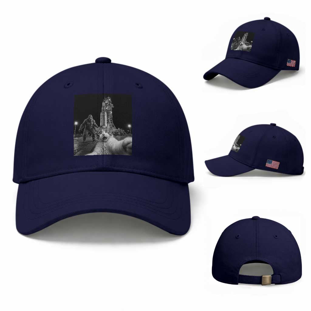 Funny Cat Selfie with Bigfoot Baseball Cap Back To The Moon Mission 2026 TS14 Baseball Cap Universal Fit Dark Blue Print Your Wear