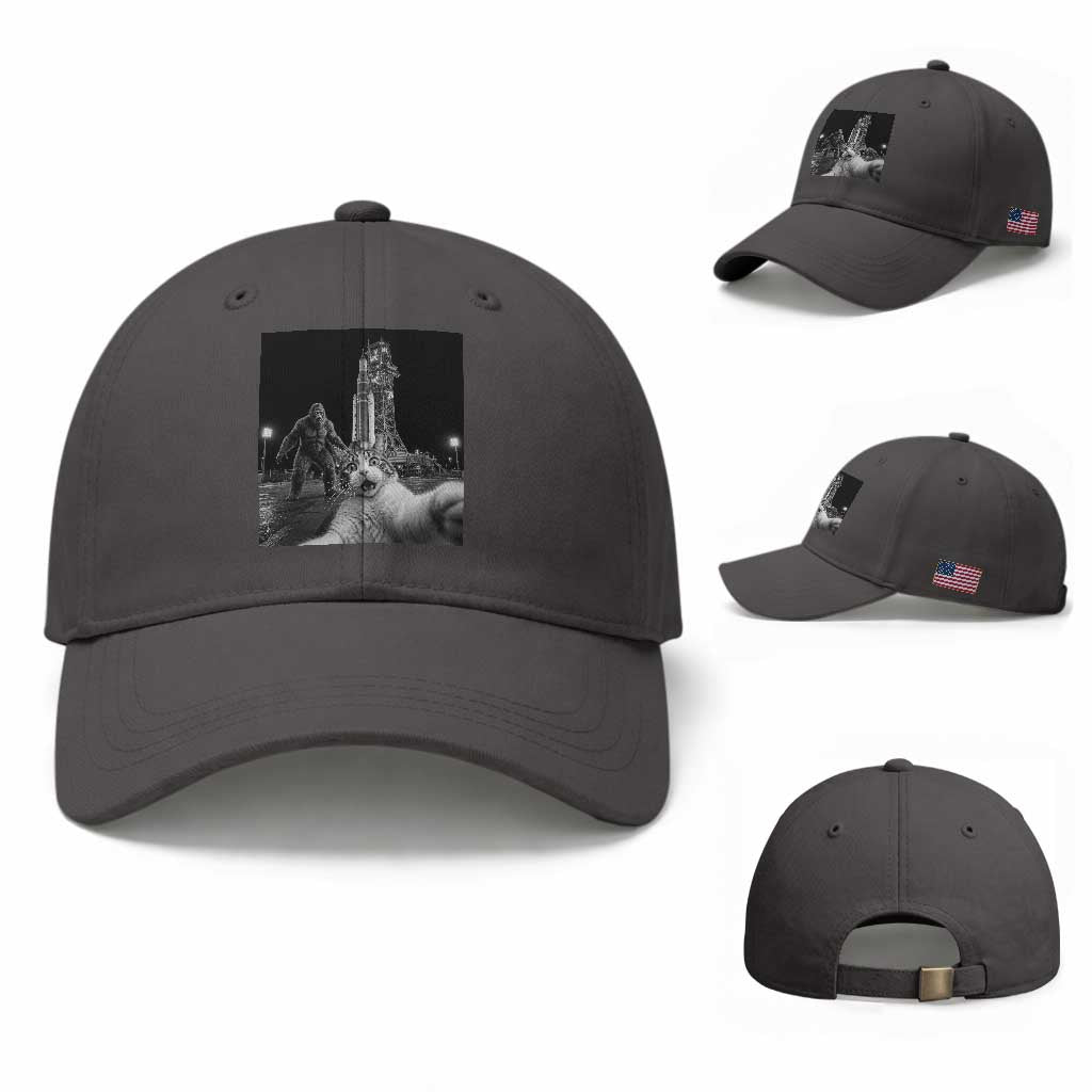 Funny Cat Selfie with Bigfoot Baseball Cap Back To The Moon Mission 2026 TS14 Baseball Cap Universal Fit Dark Gray Print Your Wear