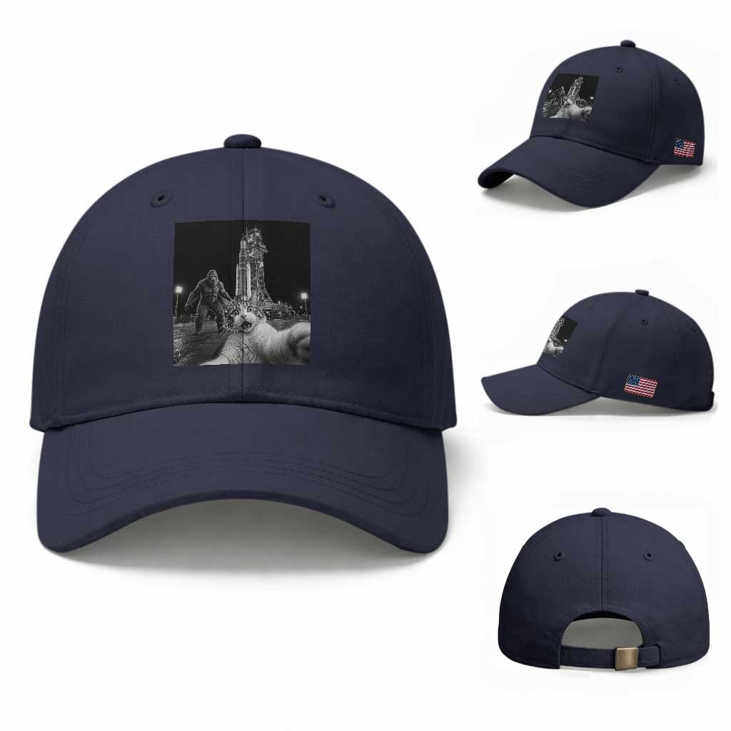 Funny Cat Selfie with Bigfoot Baseball Cap Back To The Moon Mission 2026 TS14 Baseball Cap Universal Fit Navy Print Your Wear