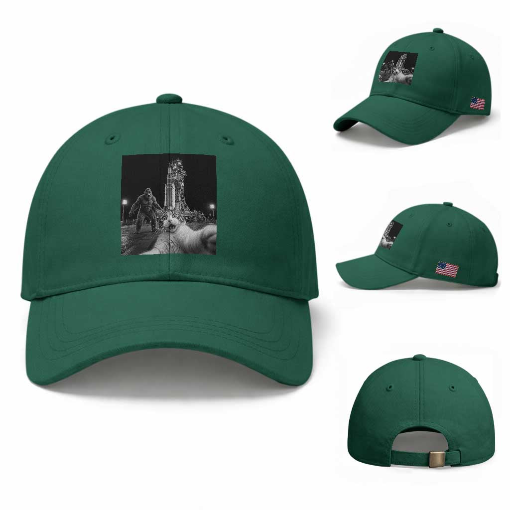 Funny Cat Selfie with Bigfoot Baseball Cap Back To The Moon Mission 2026 TS14 Baseball Cap Universal Fit Irish Green Print Your Wear