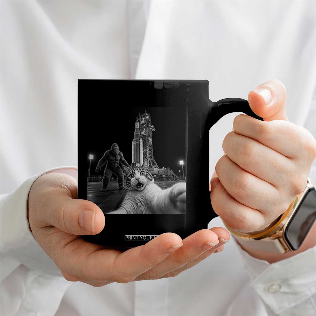 Funny Cat Selfie with Bigfoot Coffee Mug Back To The Moon Mission 2026 TS14 Print Your Wear